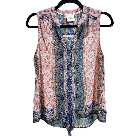 Knox Rose Womens Bohemian Pink/Green Top Size Small Earthy Semi-Sheer Tie-Front - Picture 1 of 13